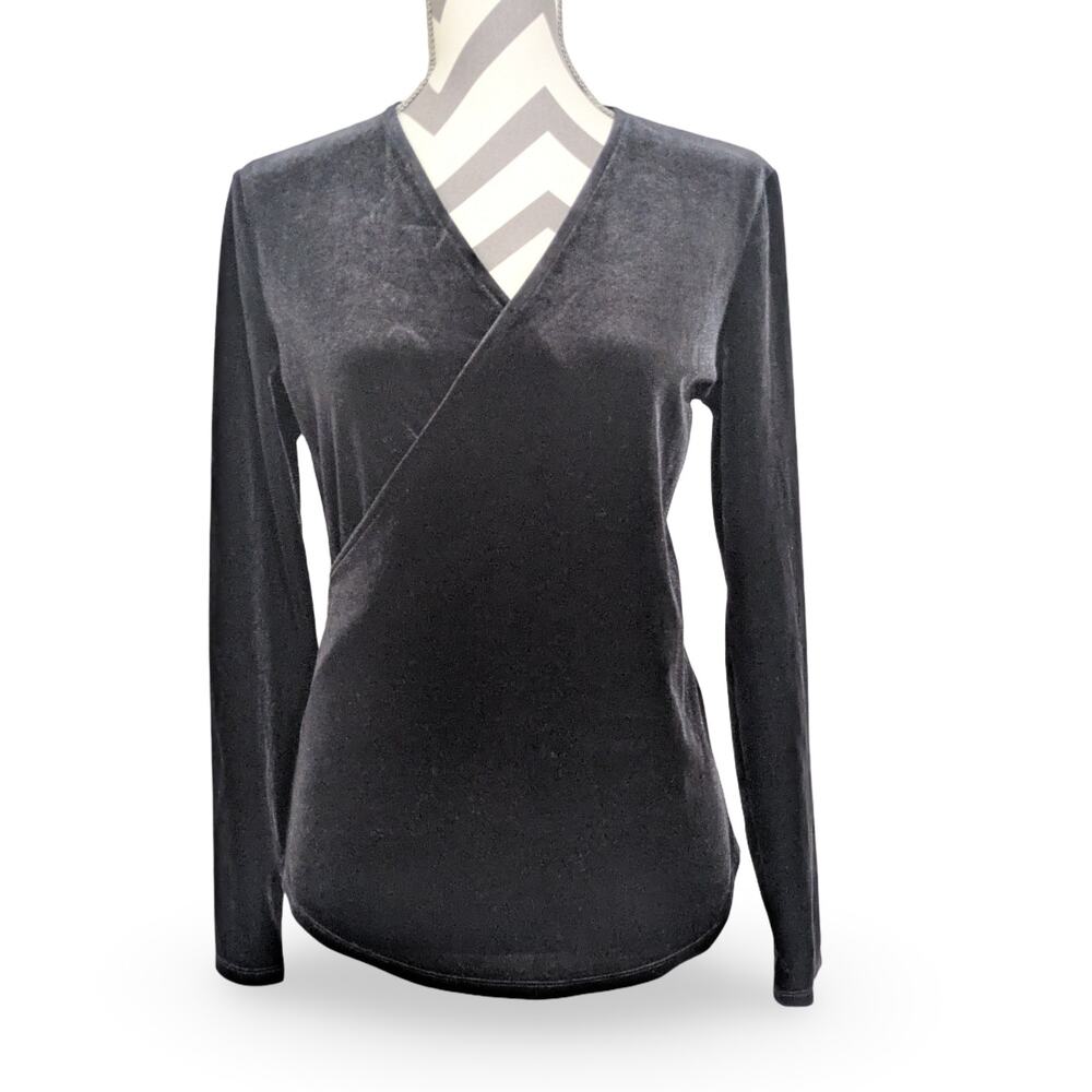 Sundance Black Velvet V-Neck Surplice Faux Wrap Long Sleeve Top Shirt Small